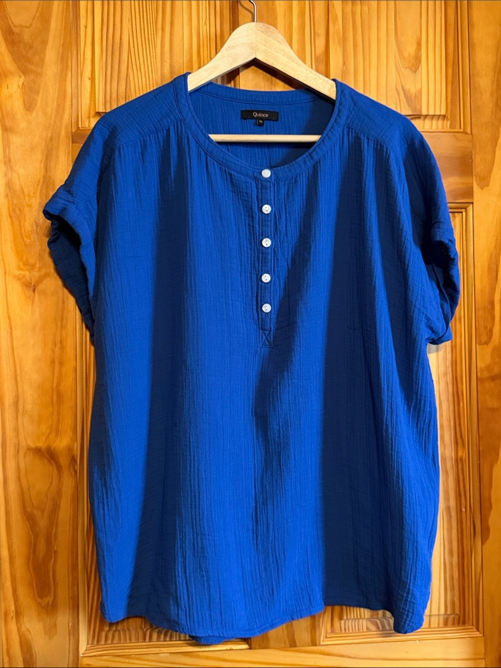 Quince Women’s Button-Front Organic Cotton Gauze Henley Shirt - Blue